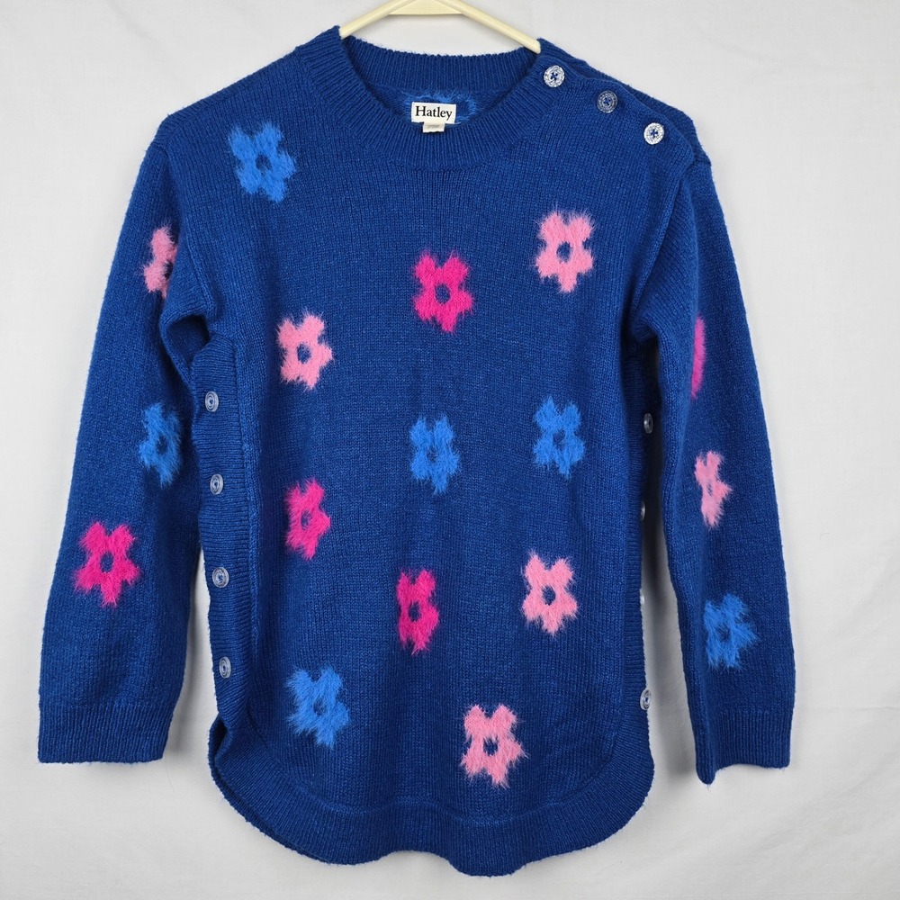 Hatley Royal Blue Fuzzy Floral Button Side Knit Sweater Womens Size 8 Small